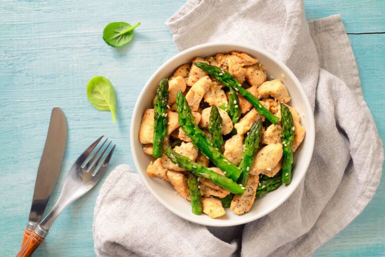 Keto chicken and asparagus stir-fry in a skillet