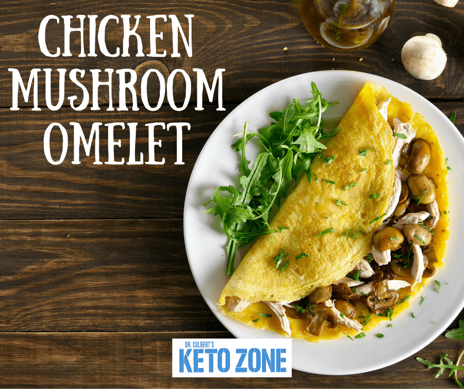 Keto chicken portobello omelet with sauteed mushrooms folded into eggs on a plate