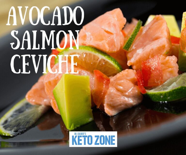 Keto avocado salmon ceviche with lime and cilantro in a bowl, a no cook low carb appetizer