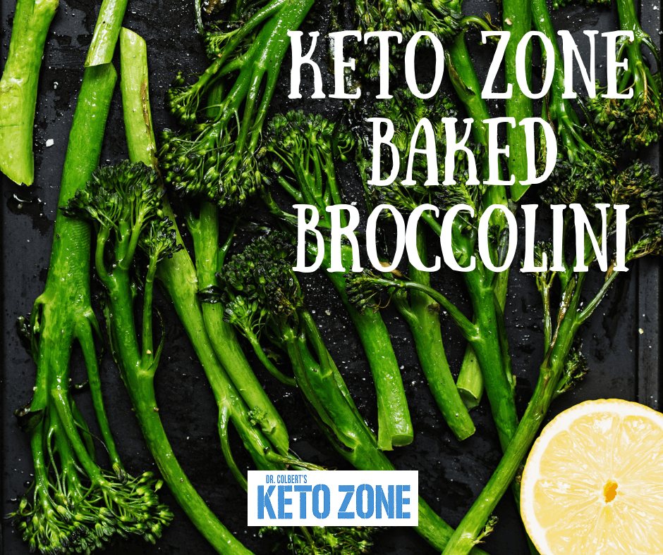 Roasted keto broccolini with lemon on a baking tray, a simple low carb side dish