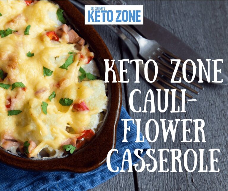 Golden baked keto cauliflower casserole with cheddar and turkey bacon in a dish