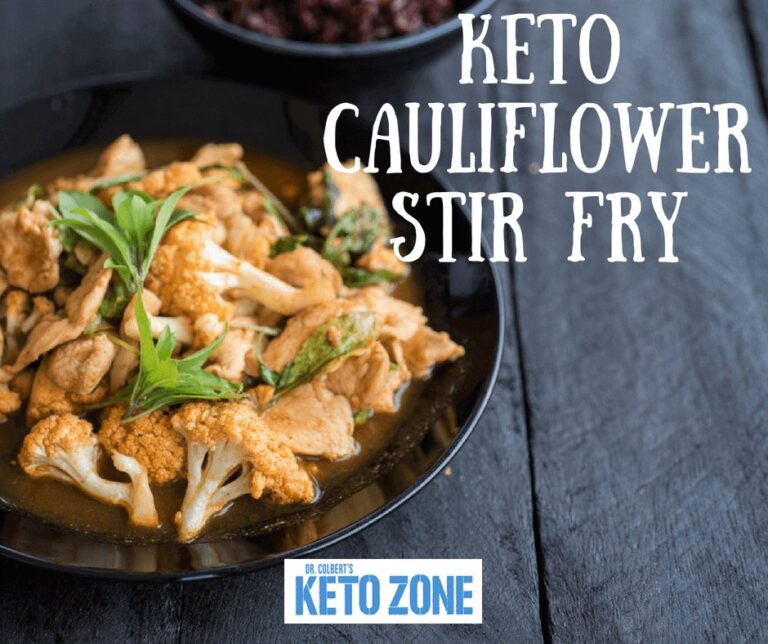 Keto cauliflower and chicken stir-fry with scallions in a pan