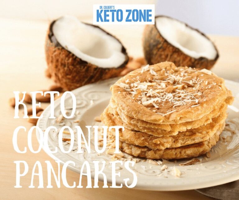 A stack of keto coconut flour pancakes with butter, a grain free low carb breakfast