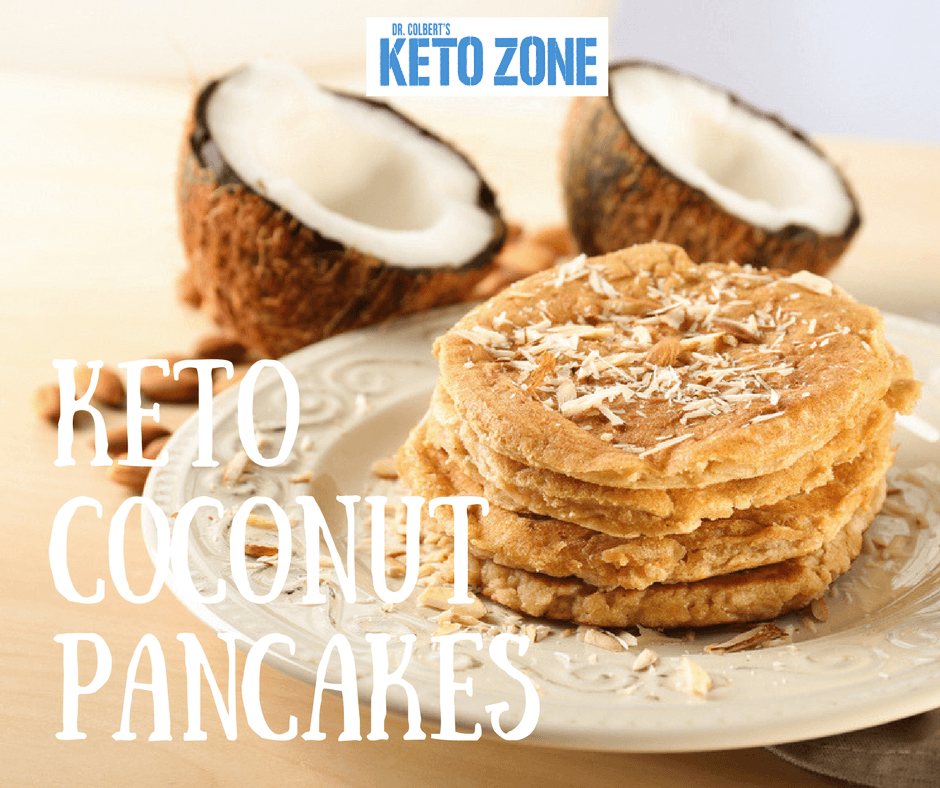 A stack of keto coconut flour pancakes with butter, a grain free low carb breakfast