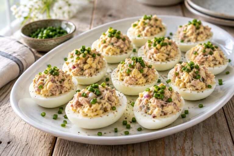 Keto deviled eggs filled with wild-caught tuna and topped with fresh chives on a white platter, a low carb appetizer