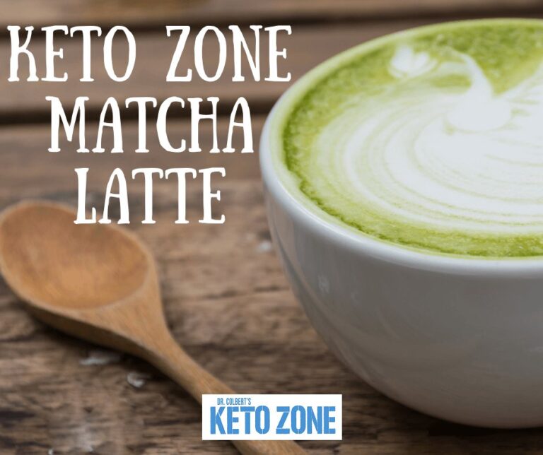 A frothy keto matcha latte in a mug, made with collagen and MCT Oil Powder