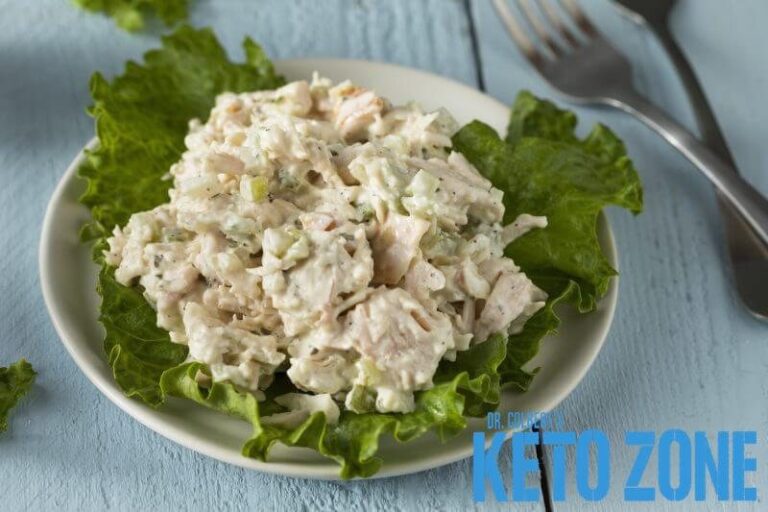 Spicy keto chicken salad with celery and herbs in a bowl, a low carb meal prep lunch