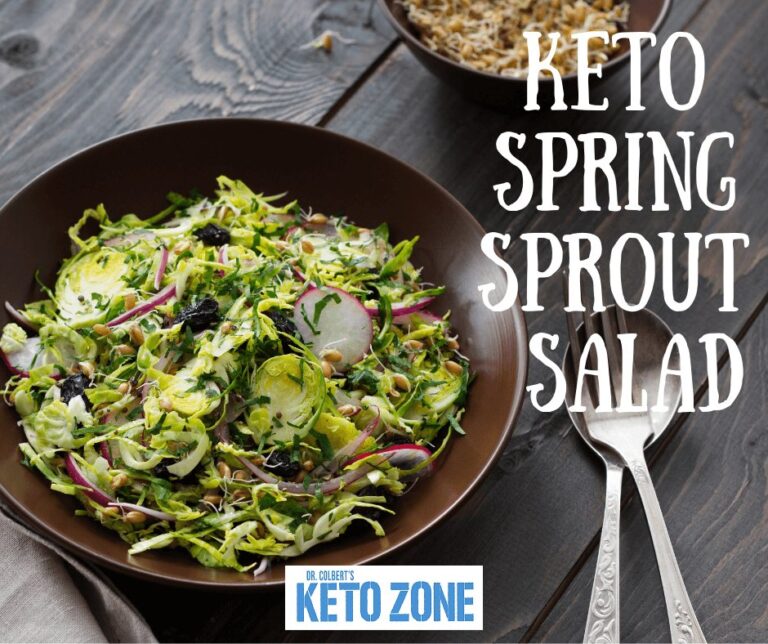 Keto spring sprout salad with broccoli sprouts, shaved Brussels sprouts, pine nuts and parmesan