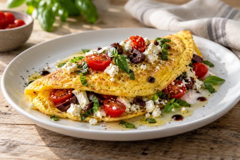 Mediterranean keto omelette folded on a white plate, filled with crumbled feta, cherry tomatoes, kalamata olives and fresh basil, a low carb breakfast