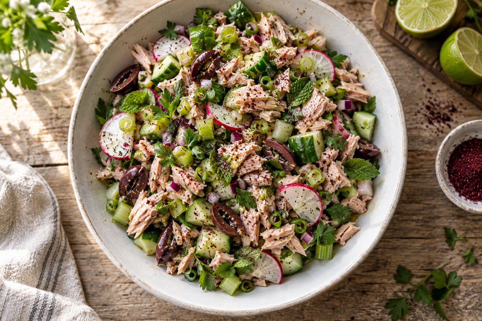 Mediterranean keto tuna salad with cucumber, radish, celery and kalamata olives in a white bowl, dusted with sumac and dressed in lime Dijon vinaigrette
