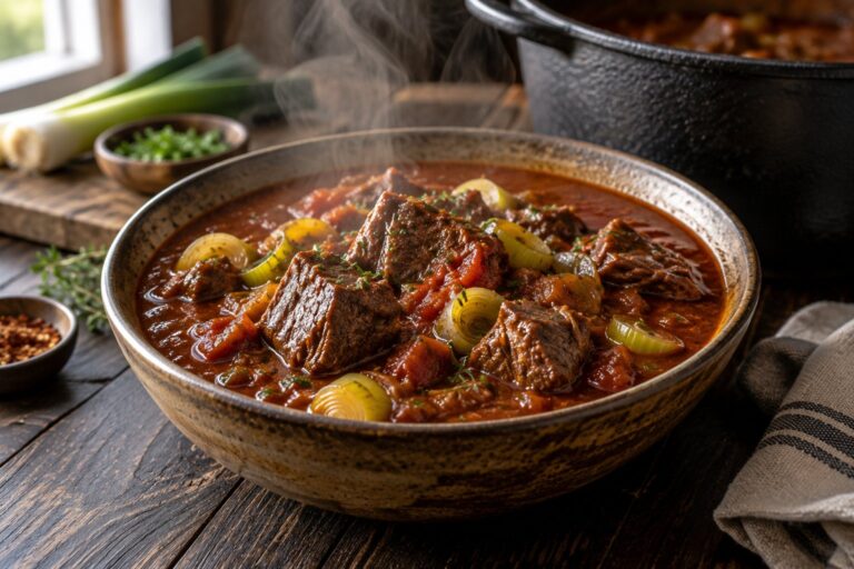 Slow cooker keto chili with tender cubes of grass-fed steak, sliced leeks and tomato broth in a rustic bowl, made without beans