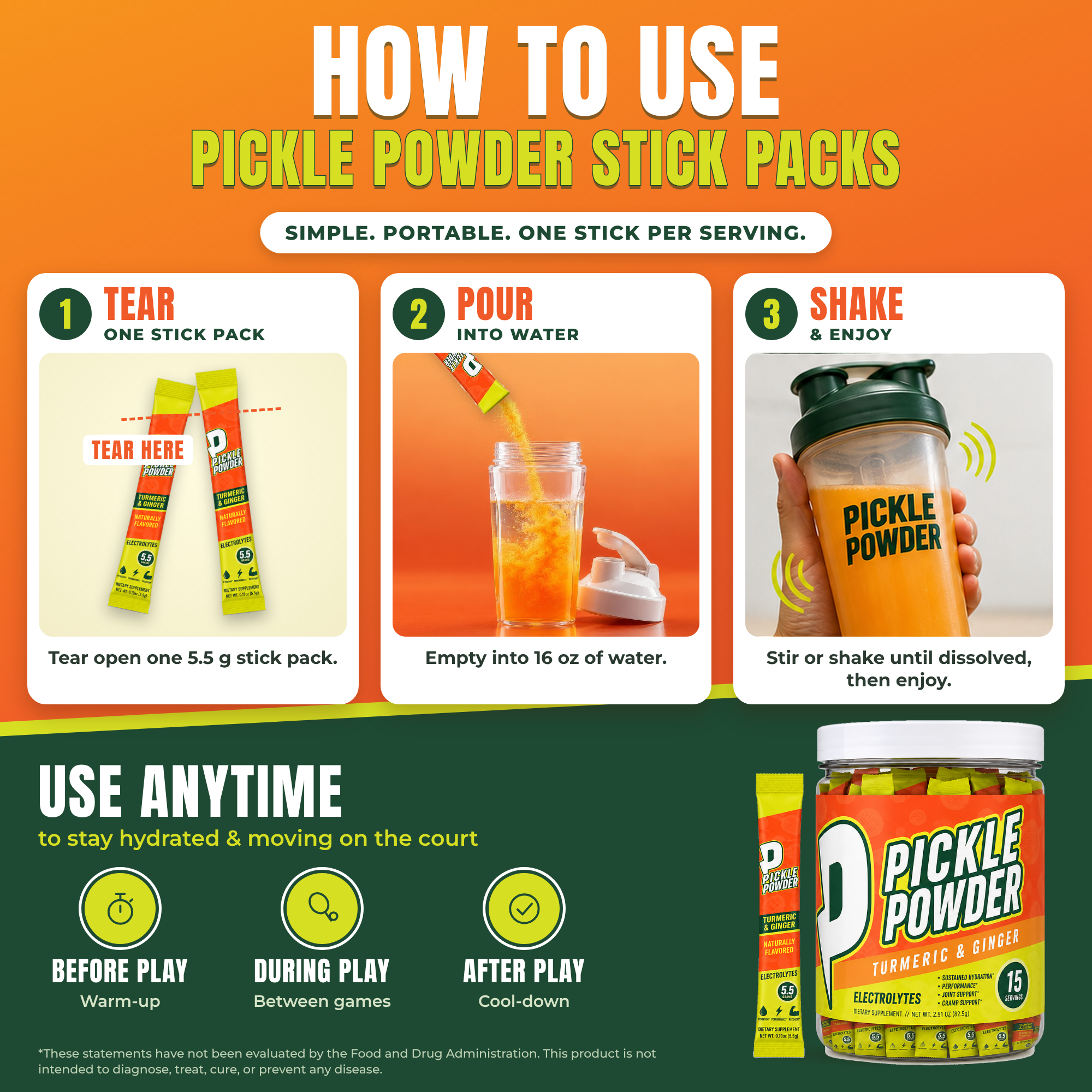 Three-step guide showing how to tear open a Divine Health Pickle Powder stick pack, pour the powder into water and shake in a sports bottle.