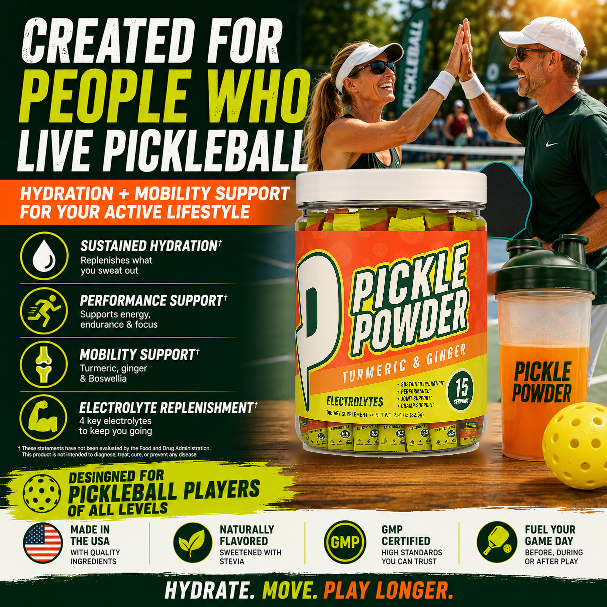 Pickleball players celebrating on the court alongside Divine Health Pickle Powder Turmeric & Ginger electrolyte stick packs, hydration drink and product benefits.