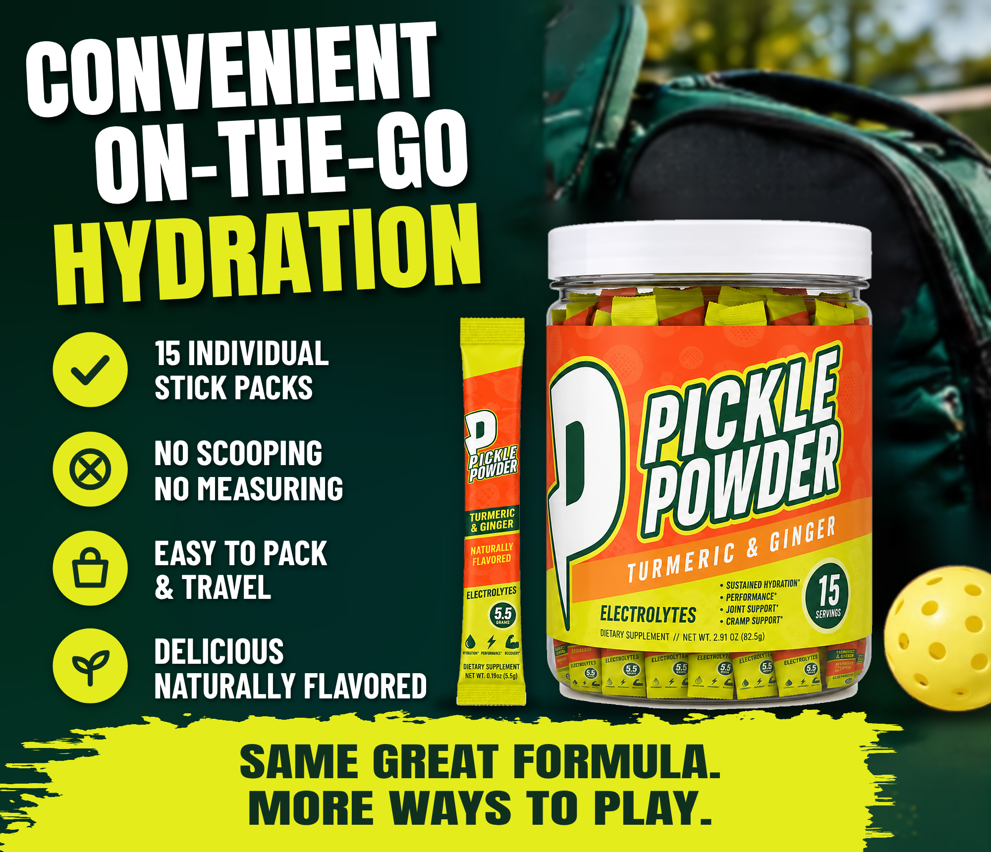 Divine Health Pickle Powder Turmeric & Ginger electrolyte stick packs with 15 individual servings for convenient on-the-go hydration, pickleball, sports, and travel.