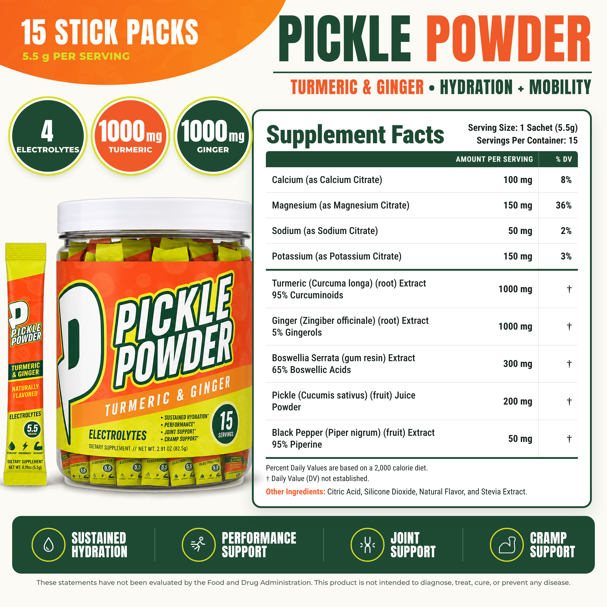 Divine Health Pickle Powder electrolyte stick packs with Supplement Facts showing calcium, magnesium, sodium, potassium, turmeric, ginger, Boswellia and 15 servings.