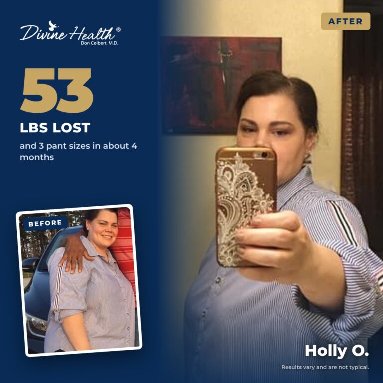 Holly O. before and after, 53 lbs and 3 pant sizes