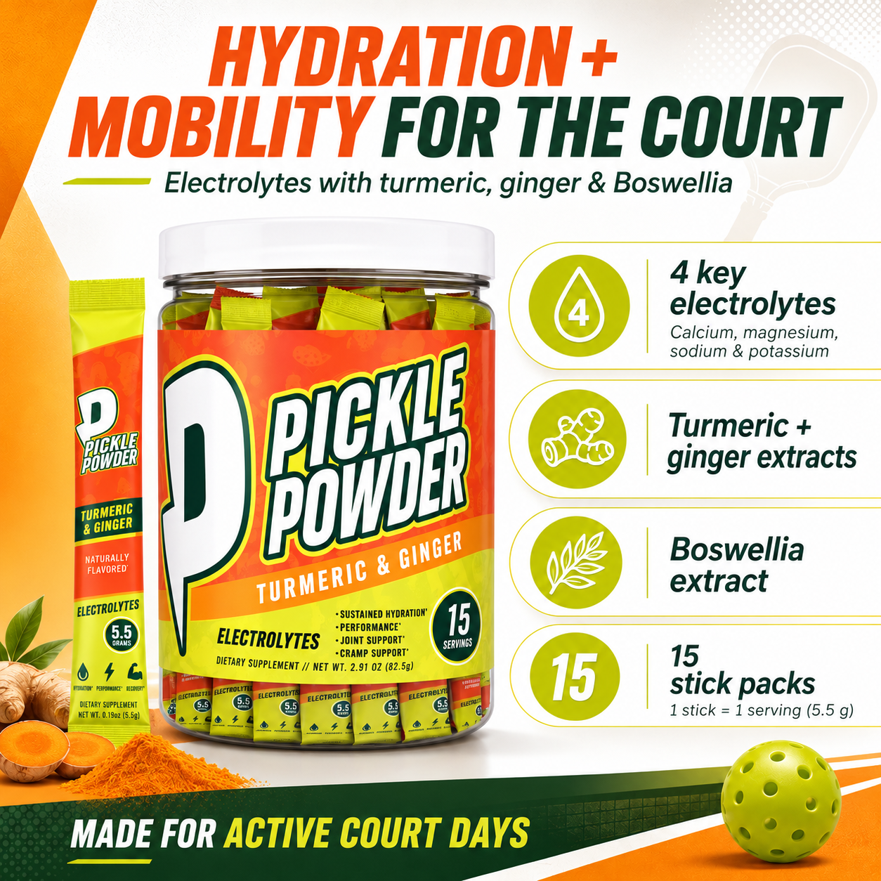 Divine Health Pickle Powder Turmeric & Ginger electrolyte stick packs with calcium, magnesium, sodium, potassium, and Boswellia benefits infographic