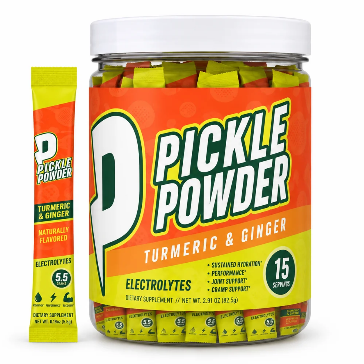 Divine Health Pickle Powder Turmeric & Ginger electrolyte supplement canister with 15 individual stick packs and one stick displayed beside it